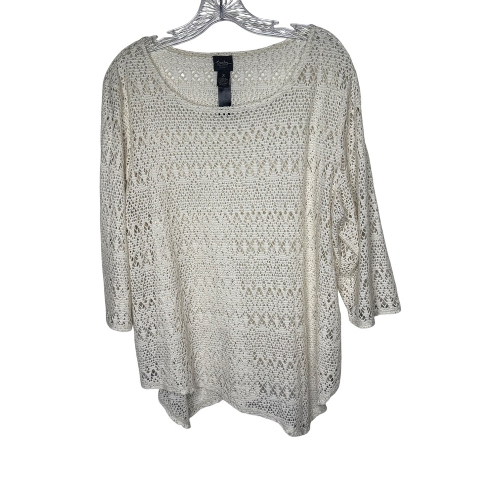 Chicos Travelers Collection‎ Cream Crochet Lace Top Sheer Glitter Size 3 XL